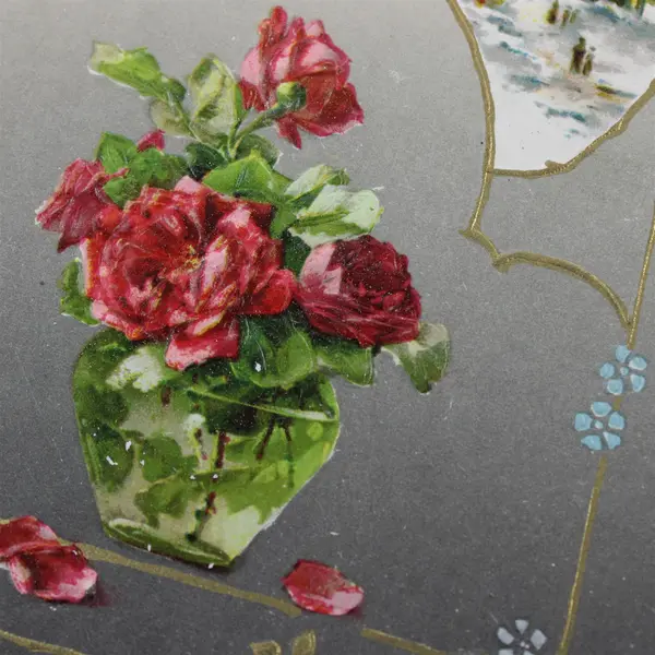 Vintage 1910s With New Year Greetings Rose Vase Winter Scene Embossed Postcard