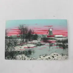 Vintage Dutch Windmill Snowy Sunset Scene Colored Litho Postcard