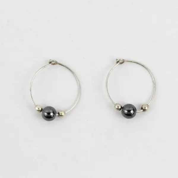 Handmade Sterling Silver And Hematite Bead Loop Earrings 16 mm Diameter