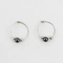 Handmade Sterling Silver And Hematite Bead Loop Earrings 16 mm Diameter