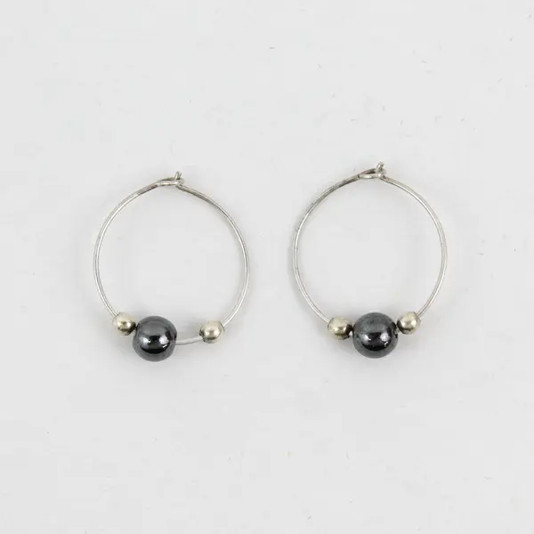 Handmade Sterling Silver And Hematite Bead Loop Earrings 16 mm Diameter
