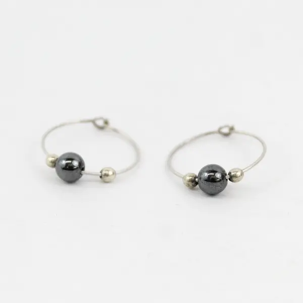Handmade Sterling Silver And Hematite Bead Loop Earrings 16 mm Diameter