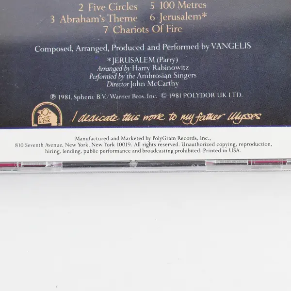 Chariots Of Fire CD By Vangelis  1981  #800020-2 