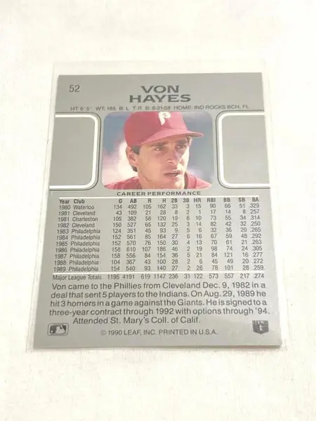 Vintage 1990 Leaf Von Hayes Baseball Card #52 Philadelphia Phillies