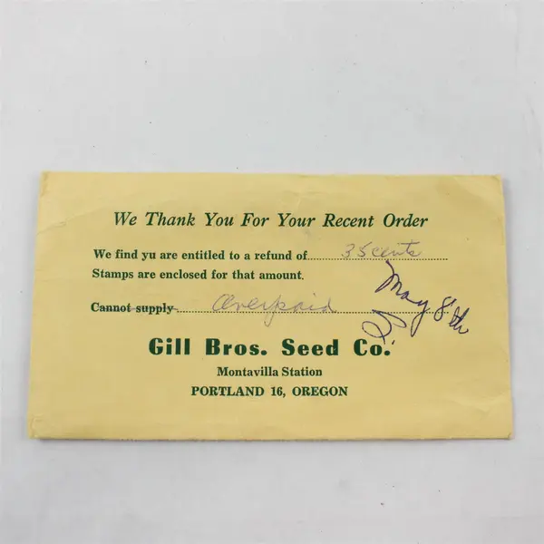 Vintage Gill Bros Seed Co Portland Oregon Postage Refund Envelope