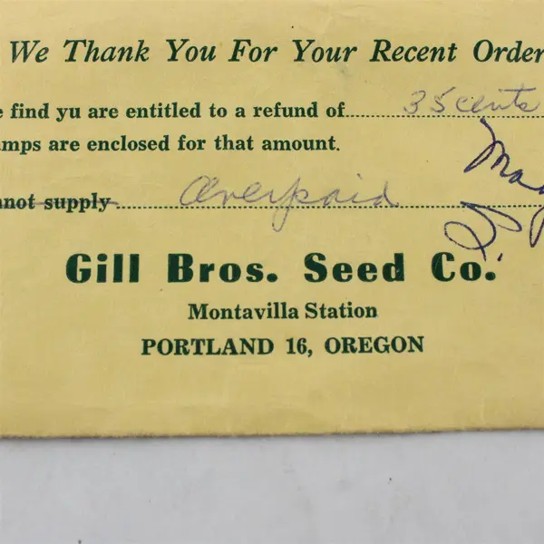 Vintage Gill Bros Seed Co Portland Oregon Postage Refund Envelope