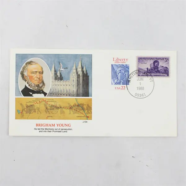 1988 Brigham Young Fleetwood Commemorative Cover 1986 Liberty 1947 Utah Stamp