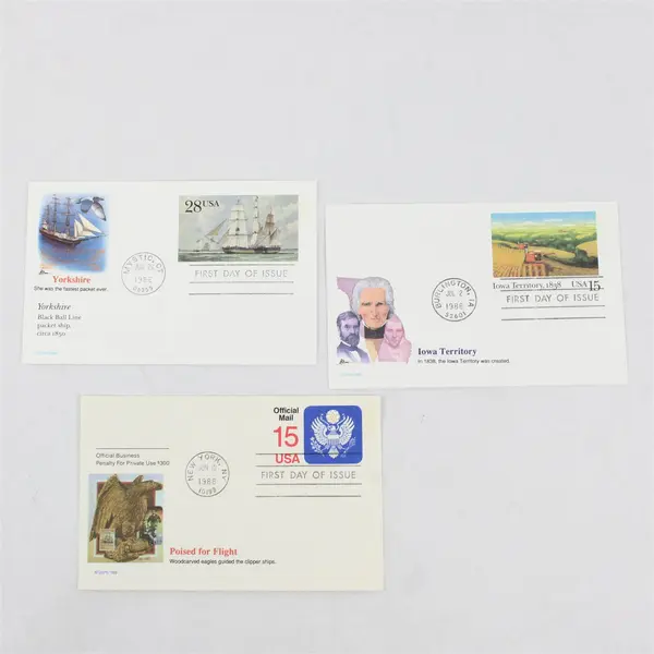 Lot Of 3 Fleetwood FDC Postcards 1988 Yorkshire Ship Iowa Territory Wooden Eagle