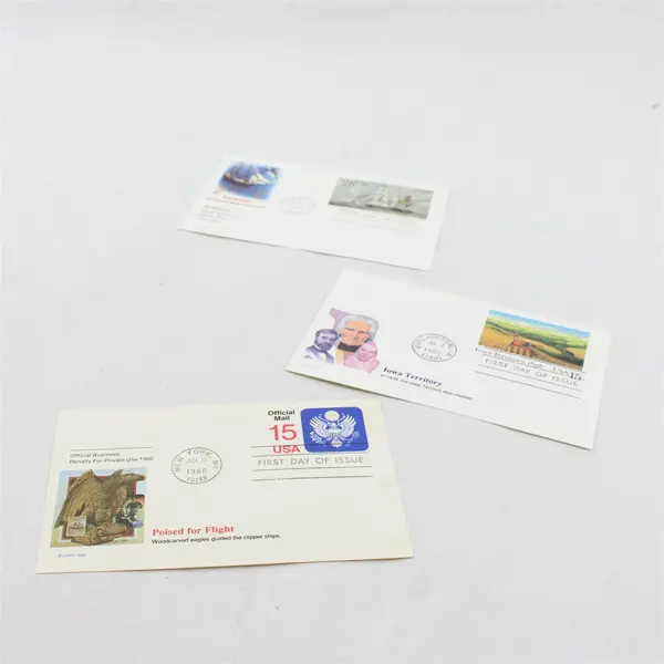 Lot Of 3 Fleetwood FDC Postcards 1988 Yorkshire Ship Iowa Territory Wooden Eagle