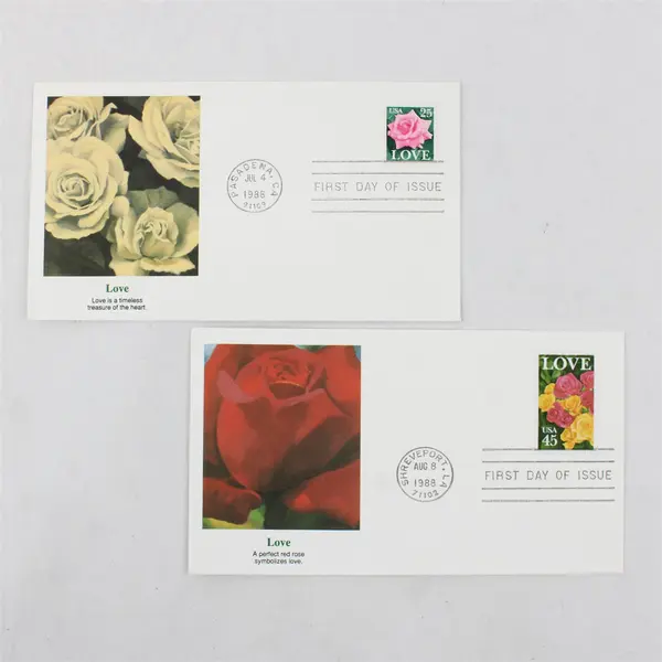 Lot Of 2 US Love Rose Stamps 1988 FDC Fleetwood Cachet 