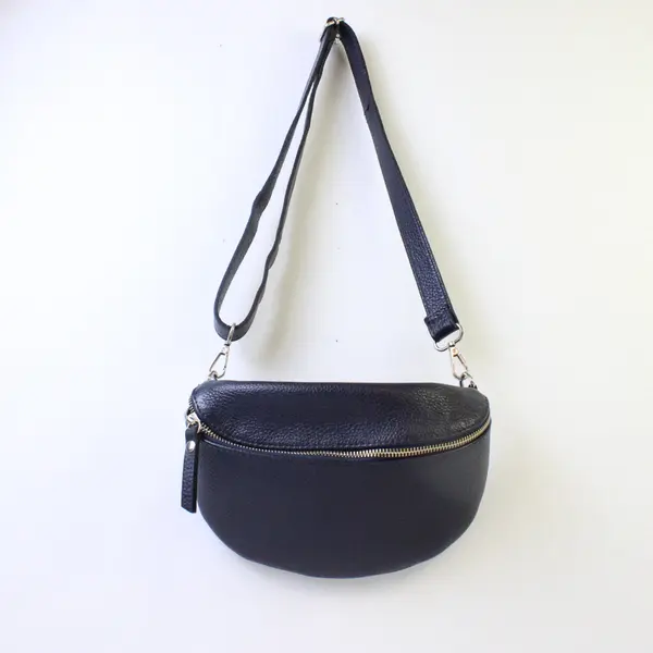 Small Black Leather Crossbody Purse, Zippered Top
