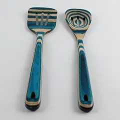 Lot Of 2 Baltique Mykonos Collection Blue Wooden Slotted Spoon/Spatula Utensils