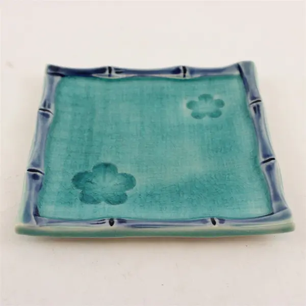 Handmade Unmarked Teal Blue Ceramic Square Decorative Trinket Dish/Tray 4.75"