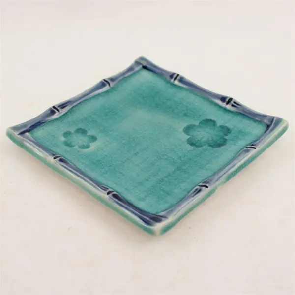 Handmade Unmarked Teal Blue Ceramic Square Decorative Trinket Dish/Tray 4.75"