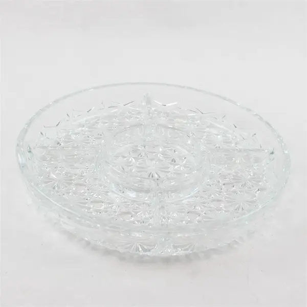 Vintage Daisy Button Glass Relish Tray 5-Section Divided Scalloped 10in