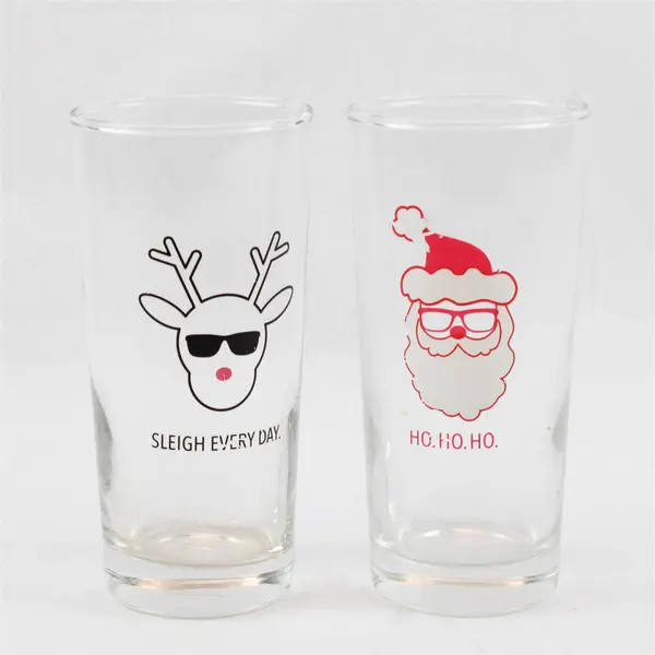 Lot of 2 Christmas Glass Tumblers Santa & Rudolph Holiday Drinkware