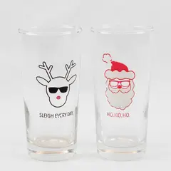 Lot of 2 Christmas Glass Tumblers Santa & Rudolph Holiday Drinkware