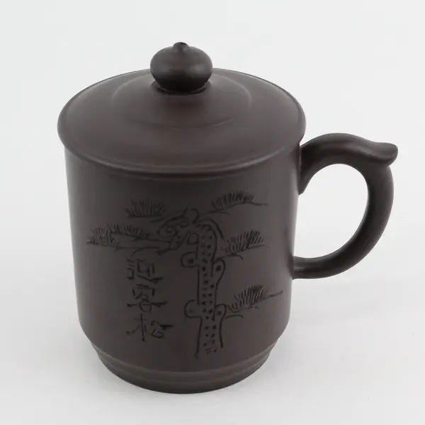 Chinese Engraved Brown  Clay Tea/Coffee Cup Mug With  Lid