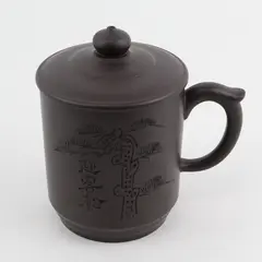 Chinese Engraved Brown  Clay Tea/Coffee Cup Mug With  Lid