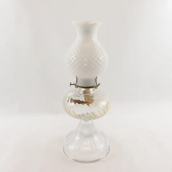 Vintage Clear Base White Milk Glass Hobnail Hurricane Kerosene Oil Lamp