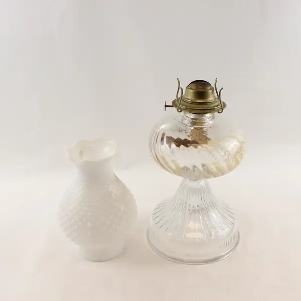 Vintage Clear Base White Milk Glass Hobnail Hurricane Kerosene Oil Lamp
