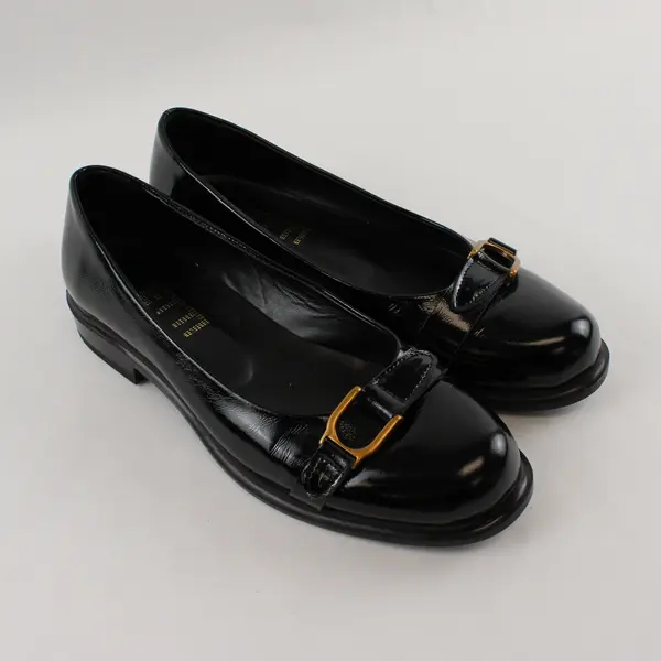 Efetti Women's 39 (8.5-9) Black Patent Leather w/Gold Buckles Slip-On Loafers