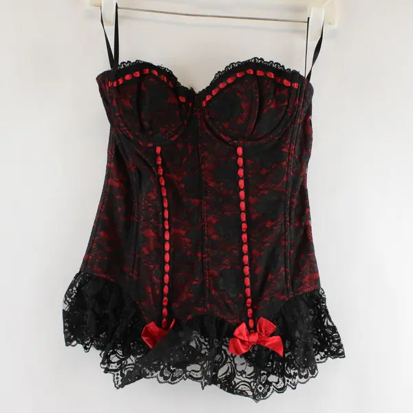 Frederick's of Hollywood Red Black Lace Trim Corset Size 34 Bows