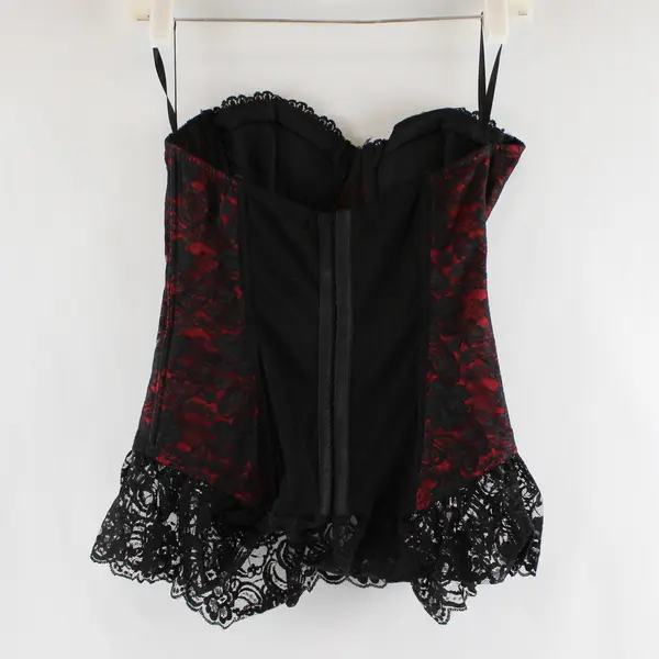 Frederick's of Hollywood Red Black Lace Trim Corset Size 34 Bows