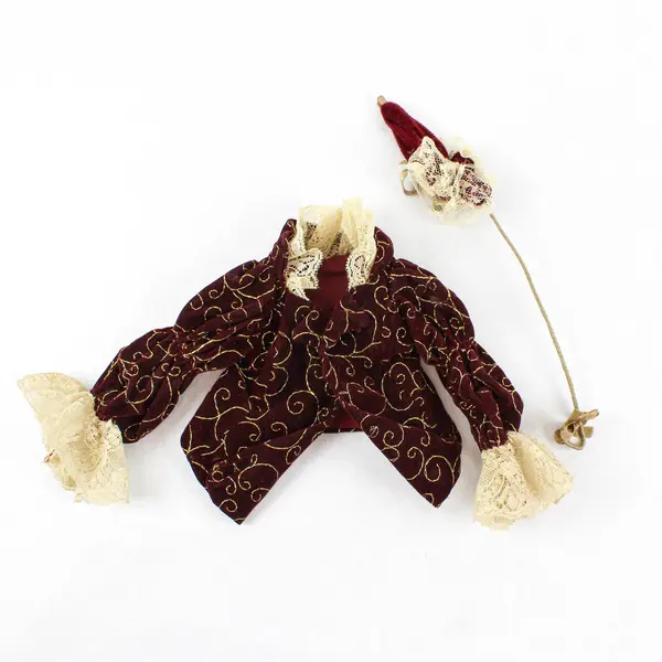 VTG Lacy Gold-Embroidered Red Velvet Doll Jacket and Parasol Toy Accessories