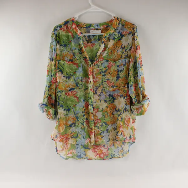 Suite Blanco Sheer Multicolor Floral Button-Up Blouse Women's Large