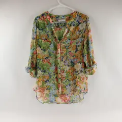 Suite Blanco Sheer Multicolor Floral Button-Up Blouse Women's Large