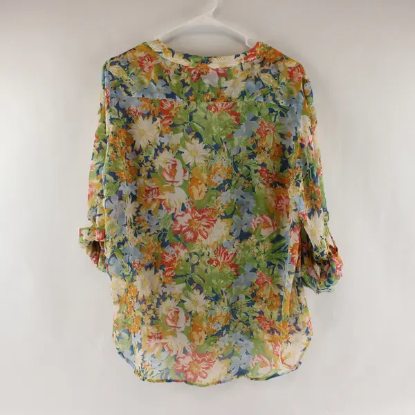 Suite Blanco Sheer Multicolor Floral Button-Up Blouse Women's Large