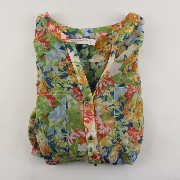 Suite Blanco Sheer Multicolor Floral Button-Up Blouse Women's Large