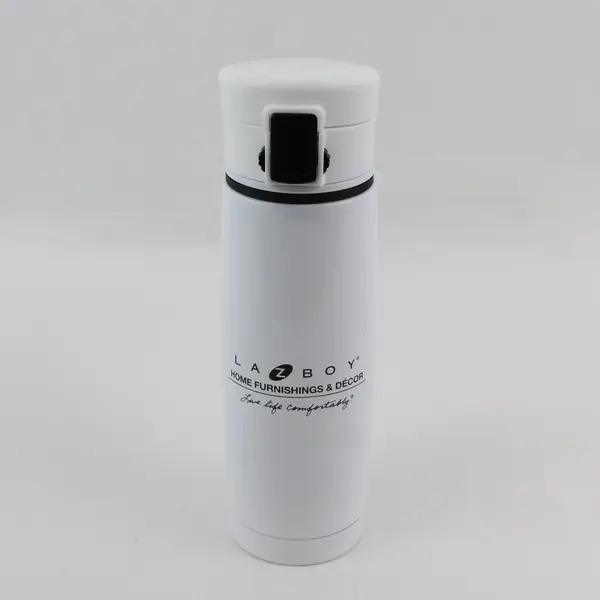 White La-Z-boy Promotional Thermal Water Bottle Insulated Flip Top Lid Ad