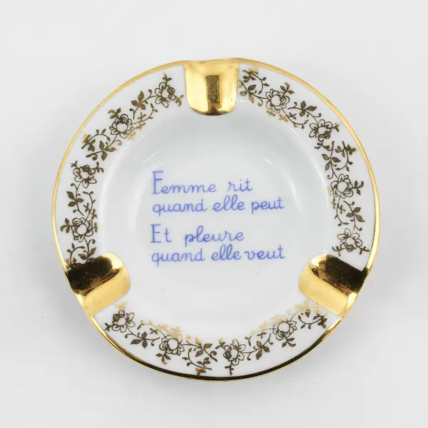 Limoges France  Porcelain Ashtray Trinket Valette French Quote Gold Trim