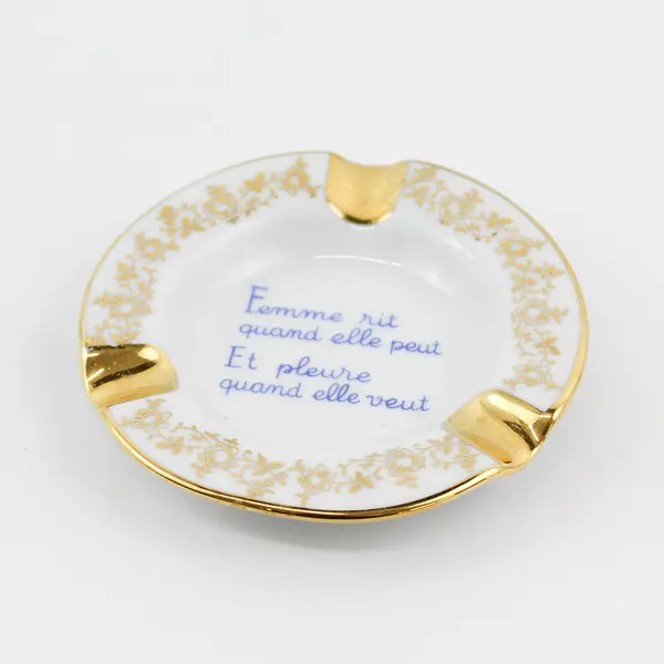 Limoges France  Porcelain Ashtray Trinket Valette French Quote Gold Trim