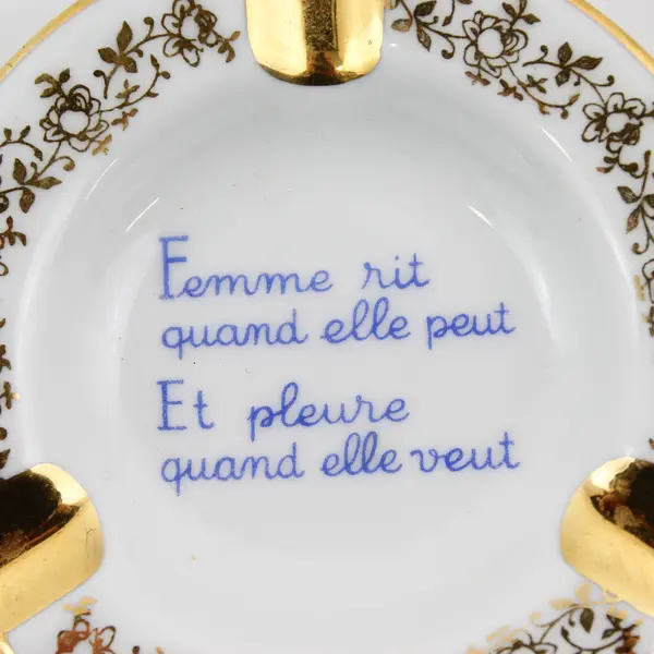 Limoges France  Porcelain Ashtray Trinket Valette French Quote Gold Trim