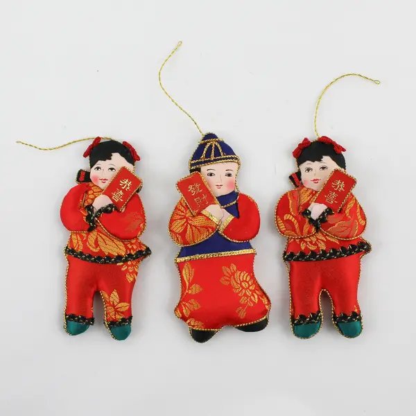Vintage Chinese Boy & Girl Silk Double Sided Flat Doll  Set of 3 Ornaments