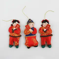 Vintage Chinese Boy & Girl Silk Double Sided Flat Doll  Set of 3 Ornaments