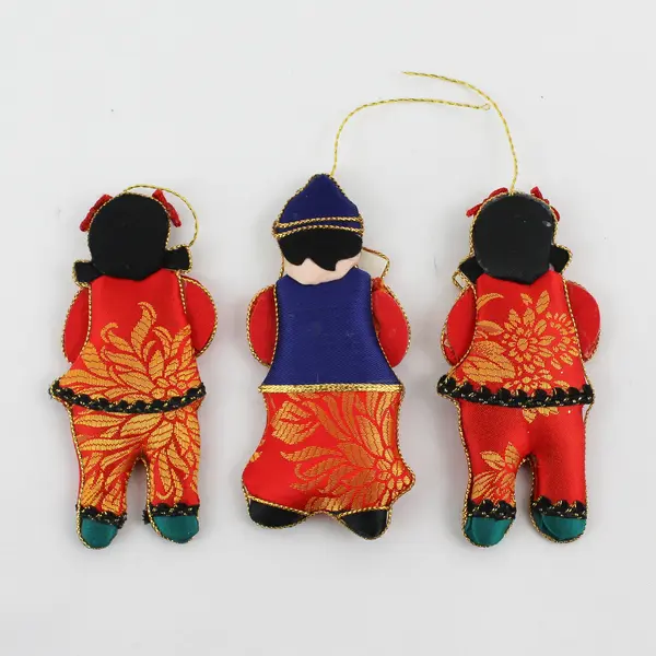 Vintage Chinese Boy & Girl Silk Double Sided Flat Doll  Set of 3 Ornaments