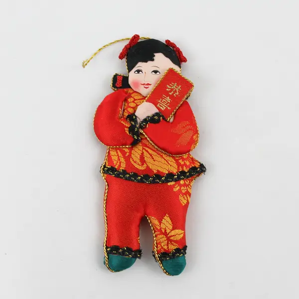 Vintage Chinese Boy & Girl Silk Double Sided Flat Doll  Set of 3 Ornaments