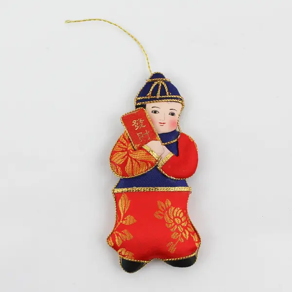 Vintage Chinese Boy & Girl Silk Double Sided Flat Doll  Set of 3 Ornaments