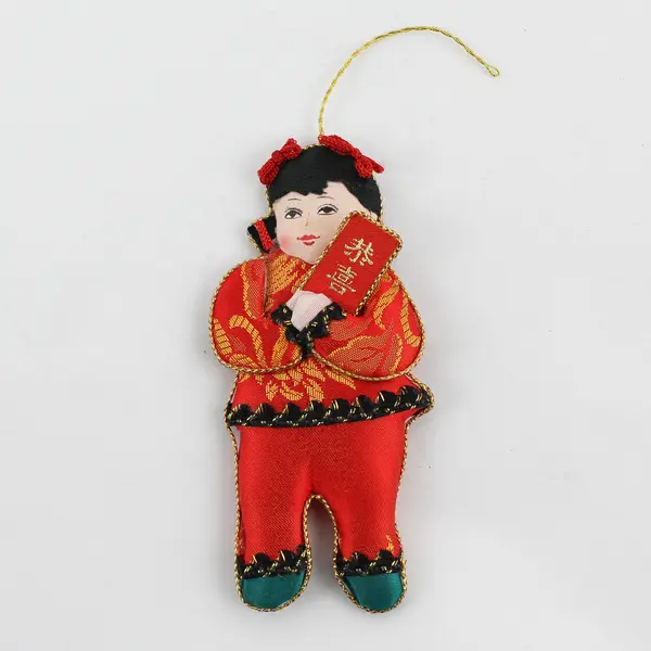 Vintage Chinese Boy & Girl Silk Double Sided Flat Doll  Set of 3 Ornaments