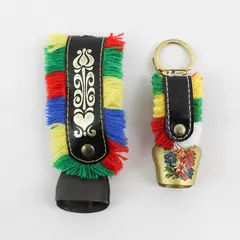 Lot of 2 Swiss Hand Painted Cow Bell Keychain Charms Multicolor Fringe
