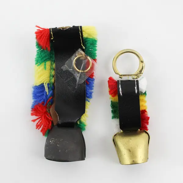 Lot of 2 Swiss Hand Painted Cow Bell Keychain Charms Multicolor Fringe
