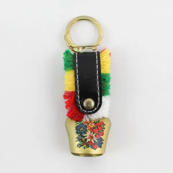Lot of 2 Swiss Hand Painted Cow Bell Keychain Charms Multicolor Fringe