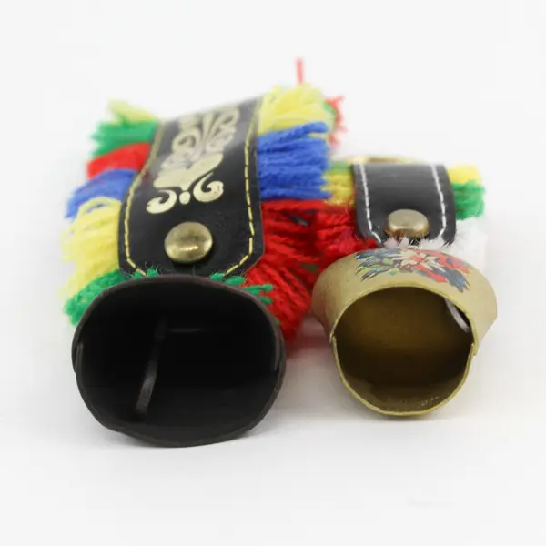Lot of 2 Swiss Hand Painted Cow Bell Keychain Charms Multicolor Fringe