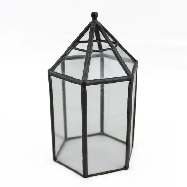 Vintage Glass And Metal Hexagon Candle Lantern 7.5"