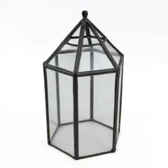 Vintage Glass And Metal Hexagon Candle Lantern 7.5"