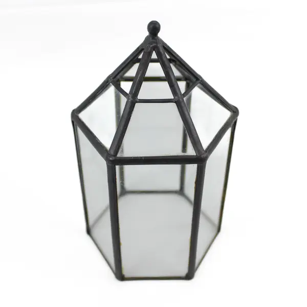 Vintage Glass And Metal Hexagon Candle Lantern 7.5"
